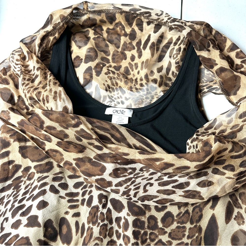 Vintage Cach'e Cheetah Print Sleeveless 100% Silk Top with Black Tank & Hem - Picture 4 of 7